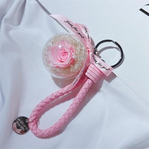 Romantic Creative Natural Eternal Rose Flower Keychain Women Girl PU Leather Braided Rope Key Chain Keyring Valentines Day Gift