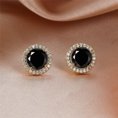 Luxury Cute Round Black Stone Stud Earrings Vintage Fashion Gold/Black/Rose Gold/Silver Color Earrings For Women Wedding Jewelry