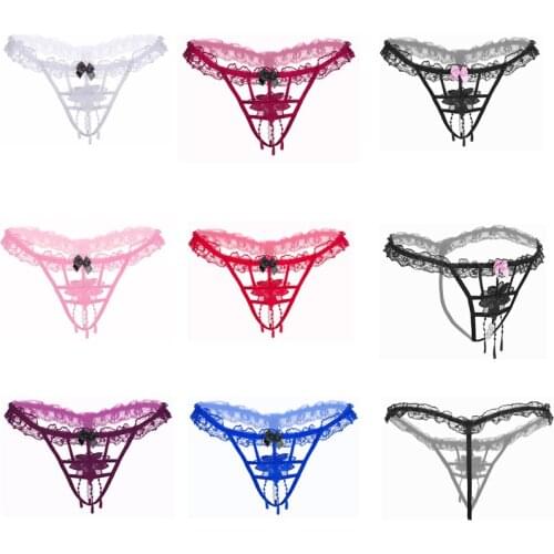 Bead Pearl Panties for Women Sexy Lingerie Lace Panties Ladies Embroidery Open Crotch Thong G-Strings Briefs Underwear