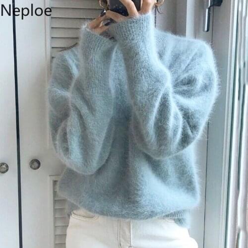 Neploe Chic Imitation-water Velet Loose Pullover Sweater Women Half High Neck Solid Warm Pull Femme Elegant Knit Winter Clothes