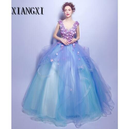 Vestido de festa Blue Evening Dresses Ball Gown V-Neck Sleeveless 3D Flower Floor Length Formal Party Gowns abendkleider