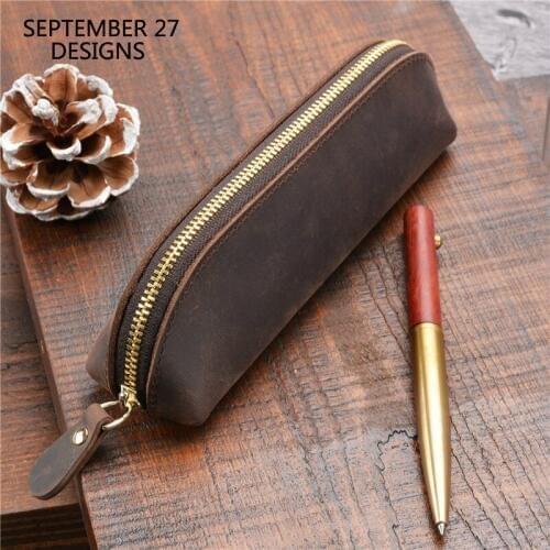 Vintage Pen Bag Crazy Horse Leather Retro Coin Purses Genuine Leather Coin Pouch Handmade Pen Collection Bags Stationery Bag