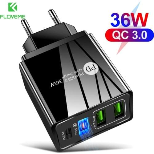FLOVEME 36W USB Charger Fast Charge 3.0 Type C PD 20W Quick Charging for iPhone Samsung Xiaomi Charger Adapter EU US UK Plug