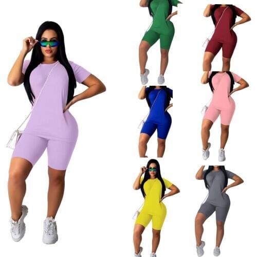 Women Solid Clothing Summer Casual Tracksuit Ladies Sport Fitness Yoga Sets Short Sleeve Top T-Shirt High Waist Seamless Shorts