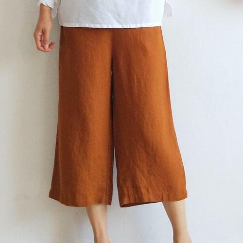 Johnature 7 Color Women Summer Wide Leg Pants Elastic Waist Pockets Loose 2021 New Linen Casual Women Soft Calf-Length Pants