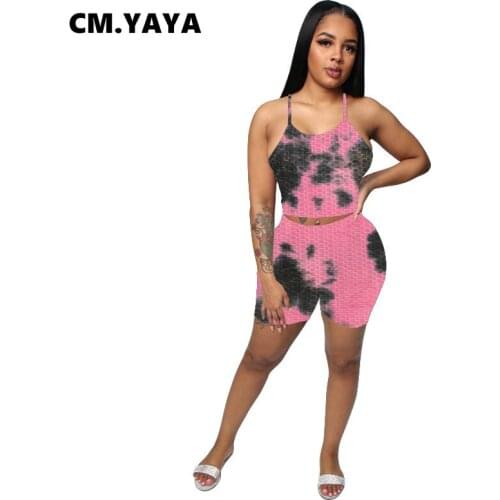 CM.YAYA Women Tracksuit Print Spaghetti Strap Crop Tops Sheath Elastic Shorts 2 Piece Set Casual Outfit Fashion Sportswear 2021