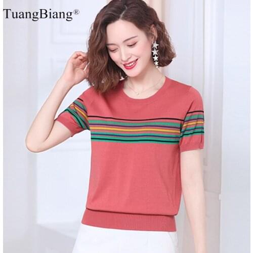Rainbow Striped Summer Thin Short Sleeve Cotton Pullover 2021 Women O-Neck Red Black Knitted Tops Casual Elasticity Green Jumper
