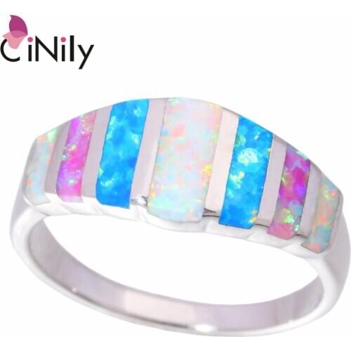 CiNily Authentic .925 Sterling Silver Created White Blue Pink Fire Opal Wholesale for Women Jewelry Wedding Ring Size 7 8 SR007