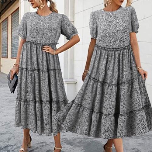 2021 Womens Casual Bohemian Style Printed Ruffles O-neck Short Bubble Puff Sleeve Mid Length Dress Party Evening Simple Gowns