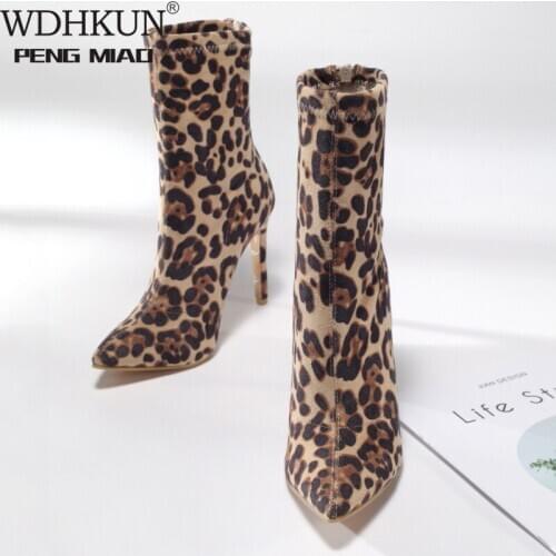 2021 Suede Pointed Toe Women Ankle Boots Leopard Fashion Hoof High Heel All Match Short Woman Shoes Fur Boots Size 34-42