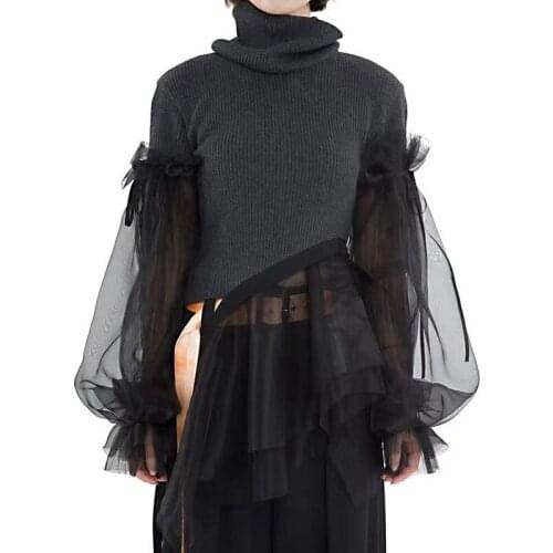 2021 New Mesh Ruffle Females Sweater High Collar Lantern Long Sleeve Perspective Women Sweaters Autumn Fashion New 2020