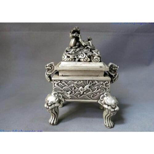 8" China silver feng shui lucky dragon Foo Dog Lion incense burner censer Statue