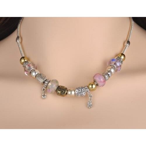 AENINE Fashion European Style Handmade Pink Glass Beads Charm Necklace Silver Color Necklace For Women Collier PANE009