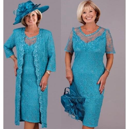 Turquoise Lace Mother of the Bride Dresses 2021 with Wrap Plus Size Tea Length Wedding Party Gowns Vestidos De Novia Madrinha