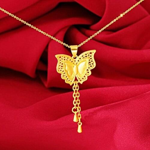 24k Yellow Gold Butterfly Necklace for Women Bride Wedding Birthday Engagement Clavicle Chain Gold Necklace Fine Jewelry Gifts