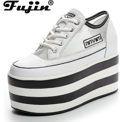 Fujin 12cm Platform Hidden Heel Wedge Chunky Shoes Sneakers Super High Quality Lace Up Leather Casual Shoes Vulcanized