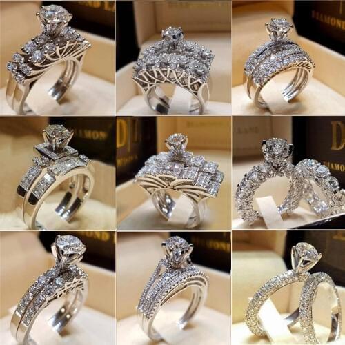 Women Wedding Ring Set Fashion Cute Female Round Zircon Ring Crown Silver Color Bridal Rings Set Boho Engagement Rings For Women
