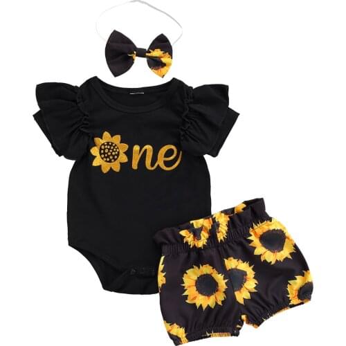 Newborn Baby Girls 3Pcs Sets Sunflower Printed Clothes Cotton Letter Romper Tops Shorts Headband Outfit Set Summer New