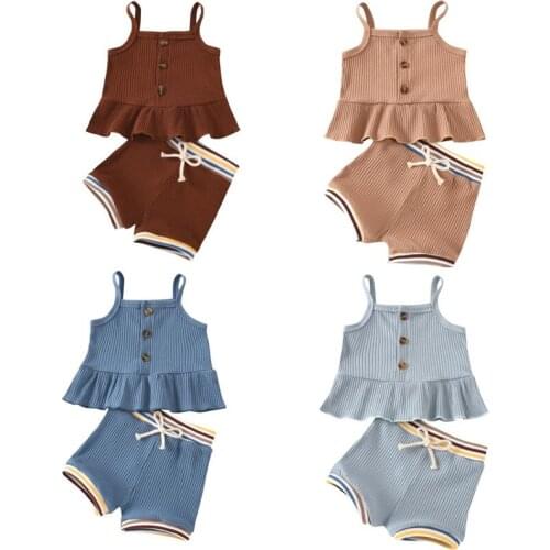 Citgeett Summer Solid Newborn Baby Girls Knited 2pcs Button Ruffle Sleeveless Top Vest+Striped Shorts Bottoms Set