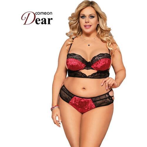 Comeondear Soft Velvet Sexy Lace Splice Bra Set Plus Size Transparent Push Up Lingerie Bandage Sexy Underwear Women Set RA80773