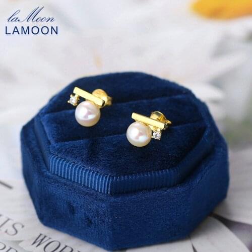 LAMOON Freshwater Pearl 925 Silver Stud Earring For Women Balance Beam Designer Earrings 14K Gold Plated Fine Jewelry EI145
