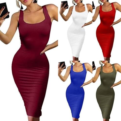Dress Summer Women Black White Basic Bodycon Women Sexy Solid Color Sleeveless Square Neck Party Bodycon Knee-length Dress