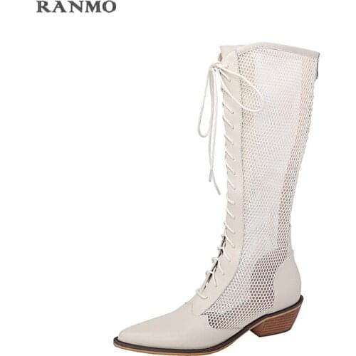 Summer 2021 New Leather Mesh Lace Rear Zip Hollow Thin Leg Mesh Boots Summer Cold Boots Casual Roman Sandal Large Size Shoes