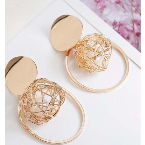 Fashion Women Faux Pearl Filled Hollow Wire Ball Metal Disc Hoop Charm Earrings