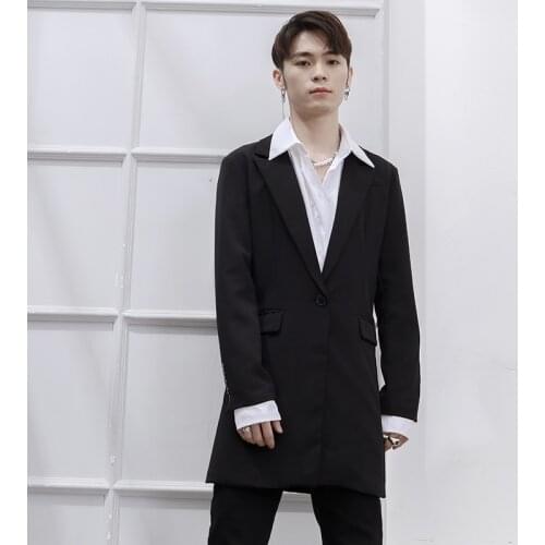 Medium and long mens slim top suit coat single large spring and summer new black one button slim fashion