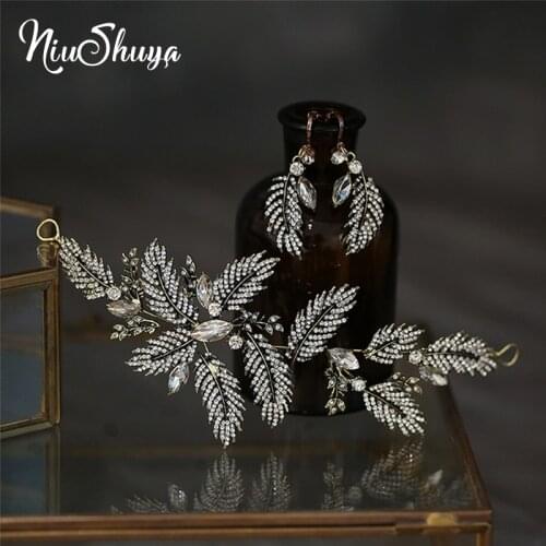 NiuShuya Baroque Leaves Crystal Brides Headbands with Earring Bridal Tiara Headpieces Evening Headdress
