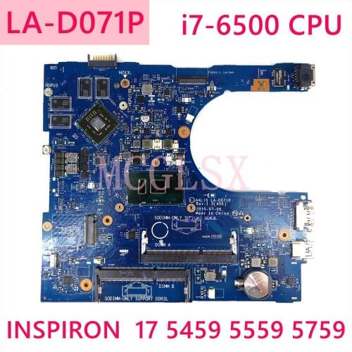 LA-D071P For DELL Inspiron 5459 5559 5759 I7-6500U Laptop motherboard,With R5 M335 GPU CN-0F1J0W 0F1J0W F1J0W 100% Test OK
