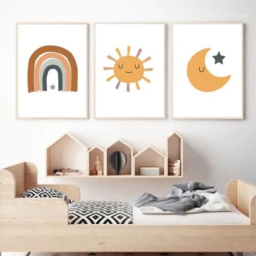 Sun Moon Nursery Art Canvas Print Rainbow Poster Boho Wall Art Prints Children Painting Nordic Wall Pictures For Kids Room Decor