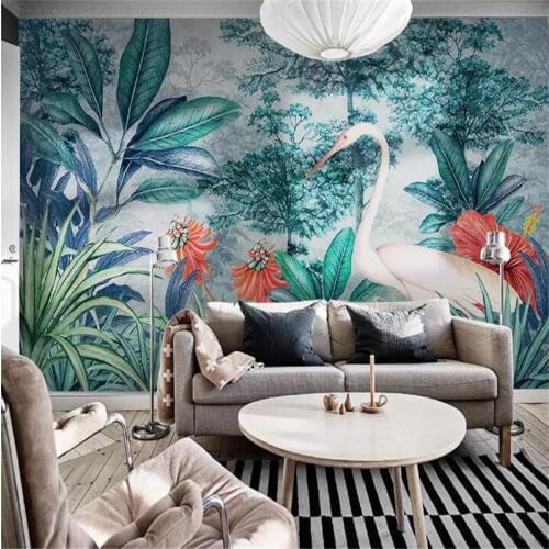 Tropical rainforest banana leaf flamingo garden wall professional making mural factory wholesale wallpaper mural photo wall