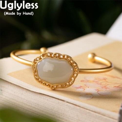 Uglyless Hollow Ethnic Jade Nephrite Bangles for Women Nature Hotan Gemstone Vintage Jewelry Gold Thin Bangles 925 Silver Bijoux