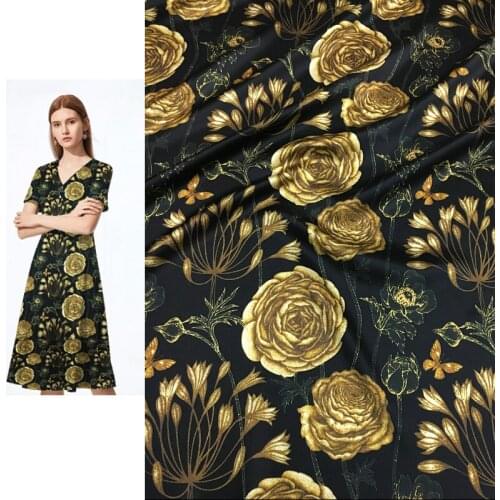 Camellia print black background vintage gold stretch digital printing natural mulberry silk high fashion textile fabric