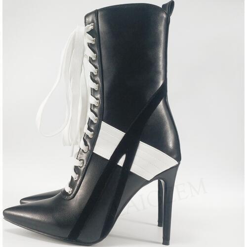 LAIGZEM Women Black and White Stile Heels Boots Zip Pointed Toe Winter Shoes Woman Ladies Botines Mujer Large Size 44 45 46 47