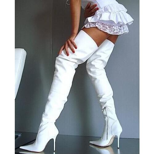 Fashion White Boots Over The Knee Pointed Toe Stiletto Heels Tight High Boots Zipper Leather Dress Shoes High Quality