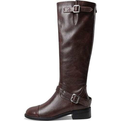 2021 Winter High heels Women Shoes Fashion Back zipper Round toe Lady Shoes Brown Retro With low Buckles strap Knee high heels