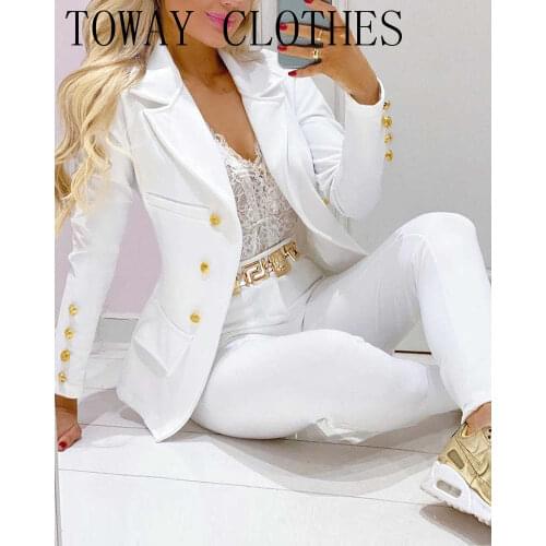 Lapel Collar Double Breasted Blazer & Tailored Pants Set 2021 Women New Autumn Suit Elegant 2 Piece Outfits