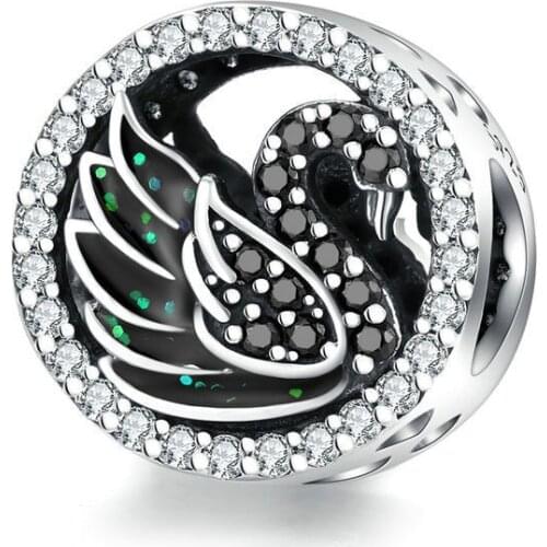 New 925 Sterling Silver Black Zircon Swan Bead Charms Fit Original Pandora charm Bracelet necklace For Women DIY fashion Jewelry