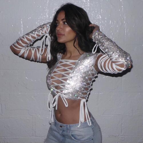 Fancy Crystal Lace Up Strappy Top Handmade Designer New Sexy Women Cut Out Shiny Rhinestine Party Club Metal MeshTank Tops