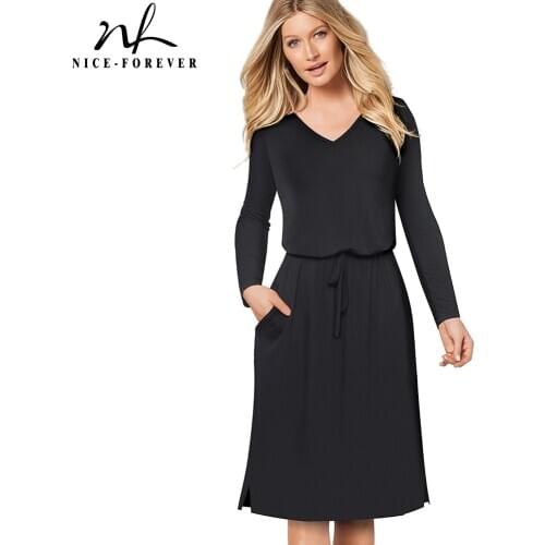 Nice-forever Autumn Floral Printed with Stripe Pocket Dresses Casual Flared Women A-line Dress btyA171