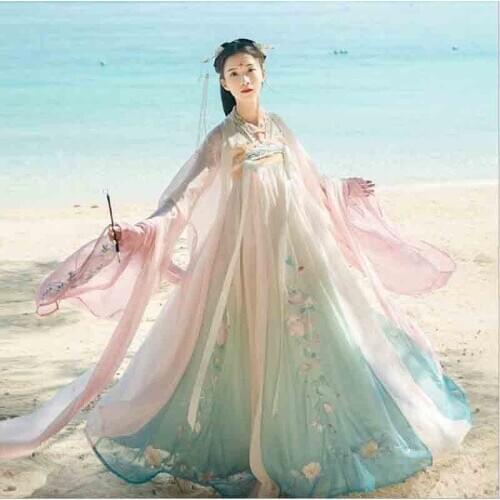 Large Size 7XL Women Hanfu Chinese Ancient Gradation Blue Dress Halloween Carnival Princess Cosplay Costume For Lady Plus Size