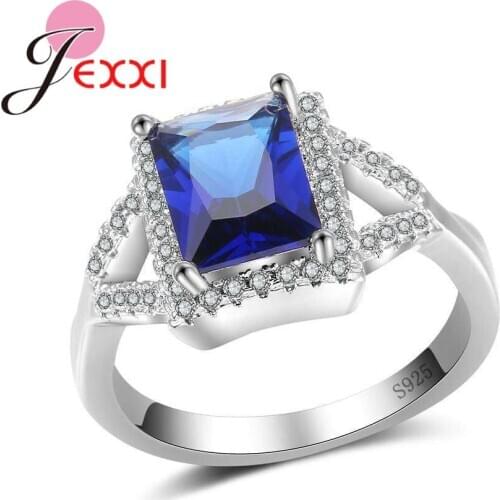 Hot Sale 4 Colour AAA Square Crystal 925 Sterling Silver Ring With Cubic Zirconia Women Lady Party Wedding Jewelry
