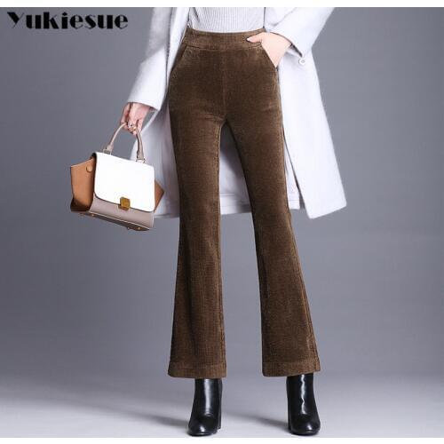 Winter warm corduroy flare pants women with high waist elastic skinny OL office pleated wide leg pants female trousers Plus size