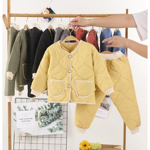 Winter Kids Clothing Sets Baby Boys Girls Warm Down Cotton-padded Solid Coats Tops+Pants 2Pcs 2021 New Children Clothes Suits