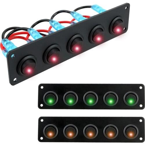 12-24V 5 Gang LED Waterproof Round Dash Rocker Toggle Switch Panel For RV Boat Yacht Marine Car Marine Outlet Combination