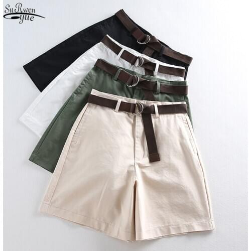 2021 Women Wide Leg Shorts Casual Female A-line Solid Shorts With Belt Feminino Women Summer Shorts Loose High Waist 7411 50