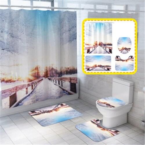 4Pcs/set Bathroom Mat Set Non-slip Snow Scenery Bath Mat Coral Fleece Shower Curtain Floor Mat Washable Bathroom Toilet Rug