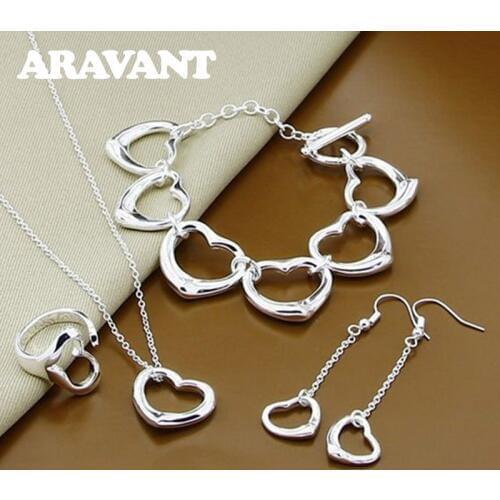 Silver 925 Jewelry Sets Heart Necklaces Bracelets Open Ring Long Chains Dangle Earrings For Women Wedding Silver Jewelry Gifts